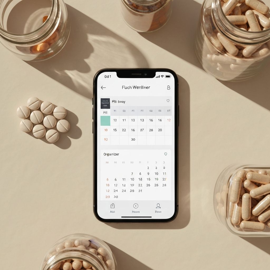 Telefon mit Reminder, Organizer und Gläsern mit Supplements
